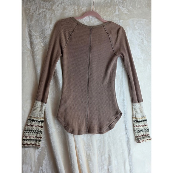 Free People Waffle Knit Bell Sleeve Thermal Top Mocha Brown Size S - Picture 7 of 7